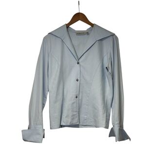 Farinaz Taghavi Sz 10 Collared Italian Cotton Light Blue Herringbone Blouse Top